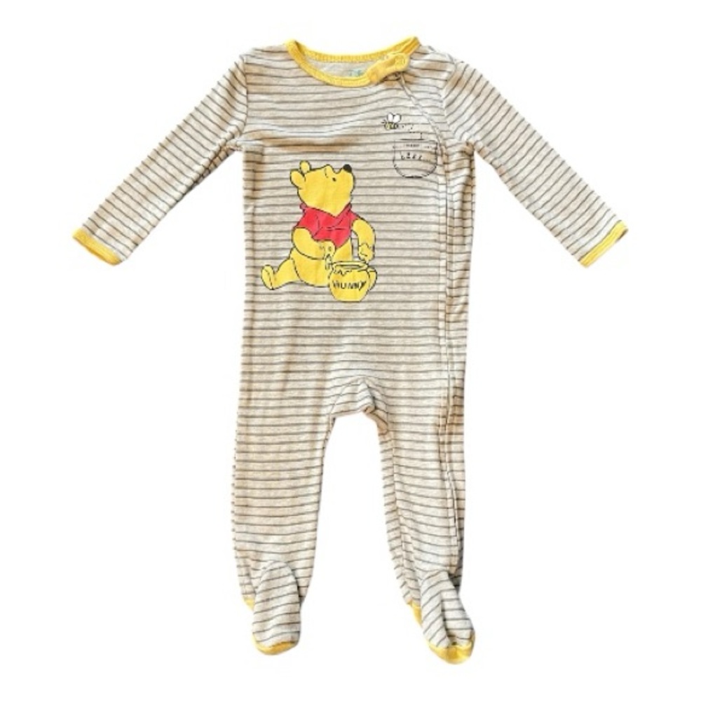 #149, Disney baby Winnie the Pooh Striped Footie Yellow and Gray, sz 6-9 months